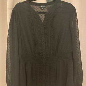 Torrid Sheer Pin Dot Black Ruffle Front Blouse